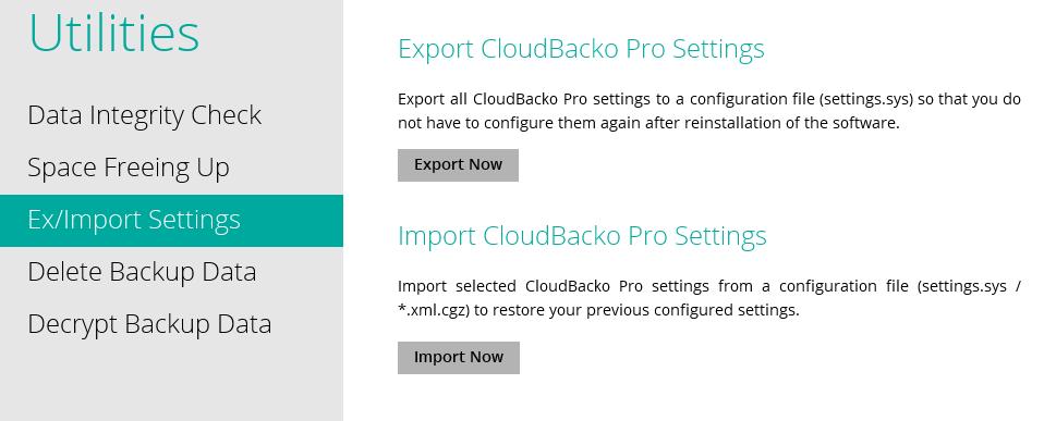 ii. Go to Utitlities > Ex/Import Settings. iii. Click Export Now. iv. Choose to export the setting file to any volume in the cluster storage which is visible to all nodes. v. Now go to the second node and launch CloudBacko Pro.