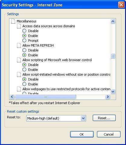 The Security Settings Internet Zone screen is displayed.