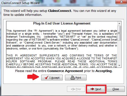 Accept the agreement and click Next. The next screen is for setting up the Insurance Company Billing methods.