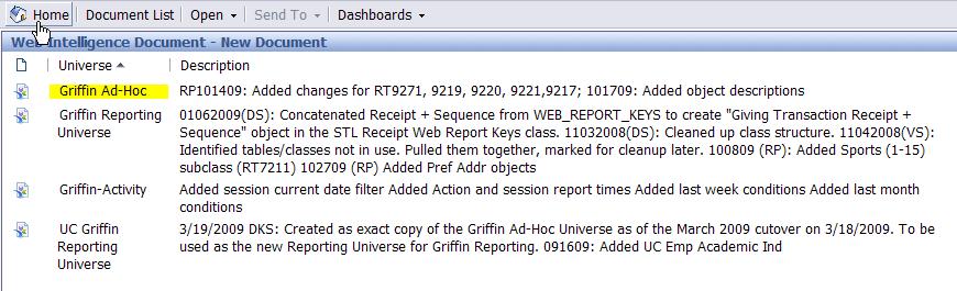 Select New button and then Web Intelligence Document. 3. Select Griffin Ad-Hoc link.