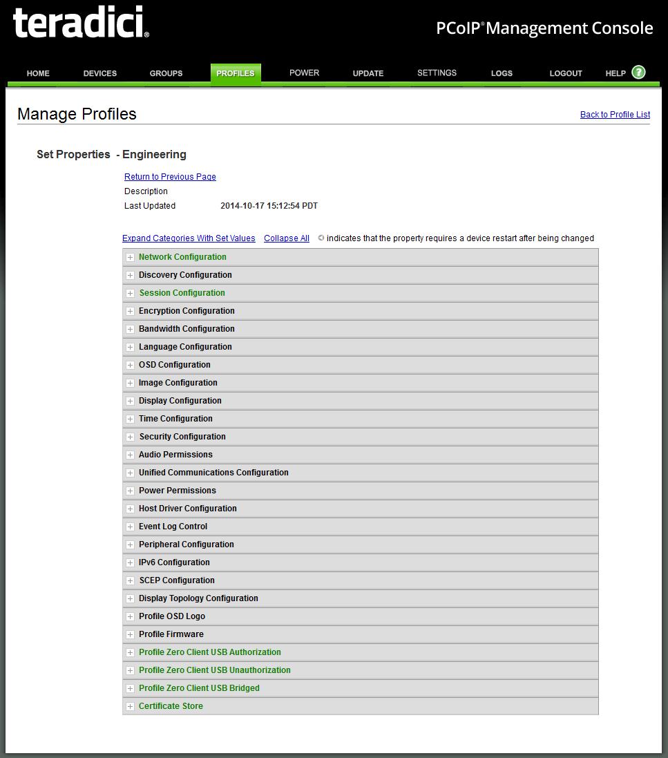 MC Profile Management Page Once a profile has been created, you can click its Set Properties link to display the Manage Profiles page and begin defining a device configuration for the