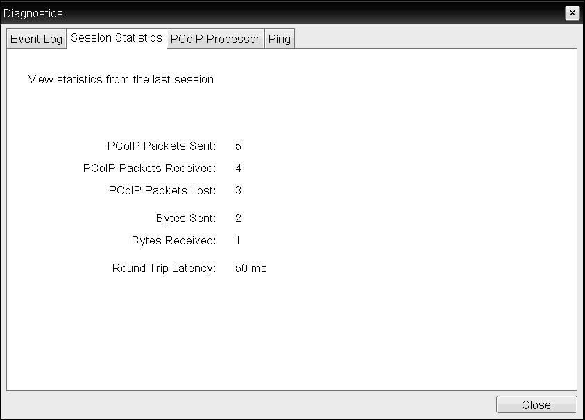 OSD Session Statistics Page OSD Session Statistics Page s s PCoIP Packets Statistics Bytes Round Trip Latency PCoIP Packets Sent: The total number of PCoIP packets sent in the last session.