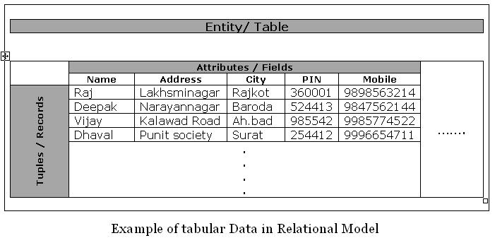 Table Entity Attributes Fields Tuples Records A table is a collection of data arrange in row and column format. A database may contain one or more tables.