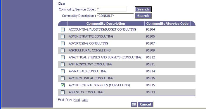 3) Select previously identified NIGP-classified commodity codes for your company (see Welcome page).