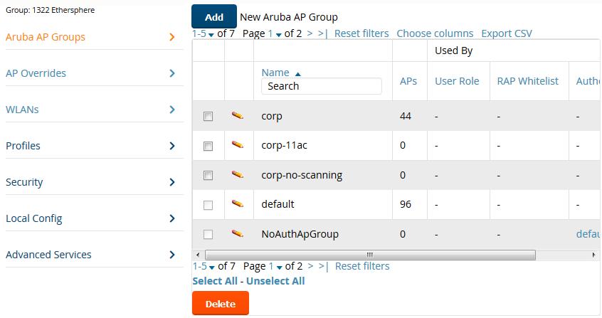 Figure 3: Groups > Controller Config > Aruba AP Groups Navigation Aruba AP Groups are not to be confused with conventional AirWave device groups.