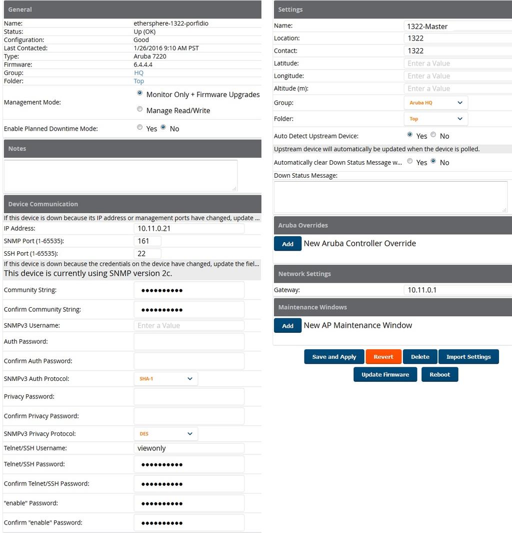 Figure 11: APs/Devices > Manage Page (Split View) APs/Devices > Monitor Page Used in conjunction with the Manage page, the Monitor page enables review of device-level settings.