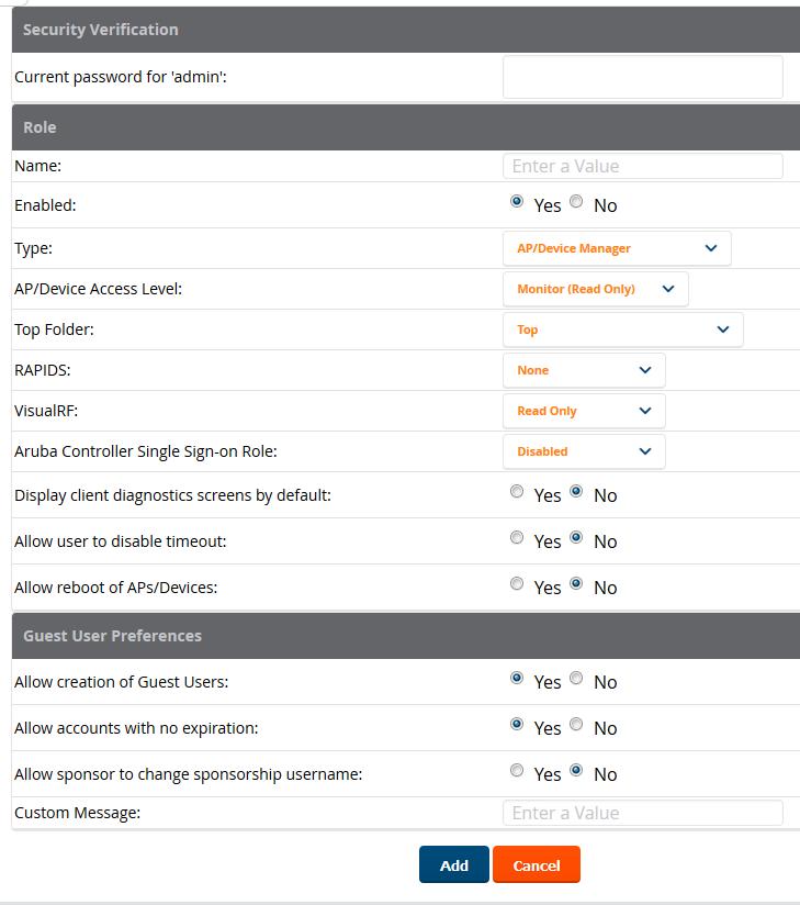 Figure 15: AMP Setup > Roles > Add/Edit Role Page Illustration c. As per standard AirWave configuration, complete the settings on this page.