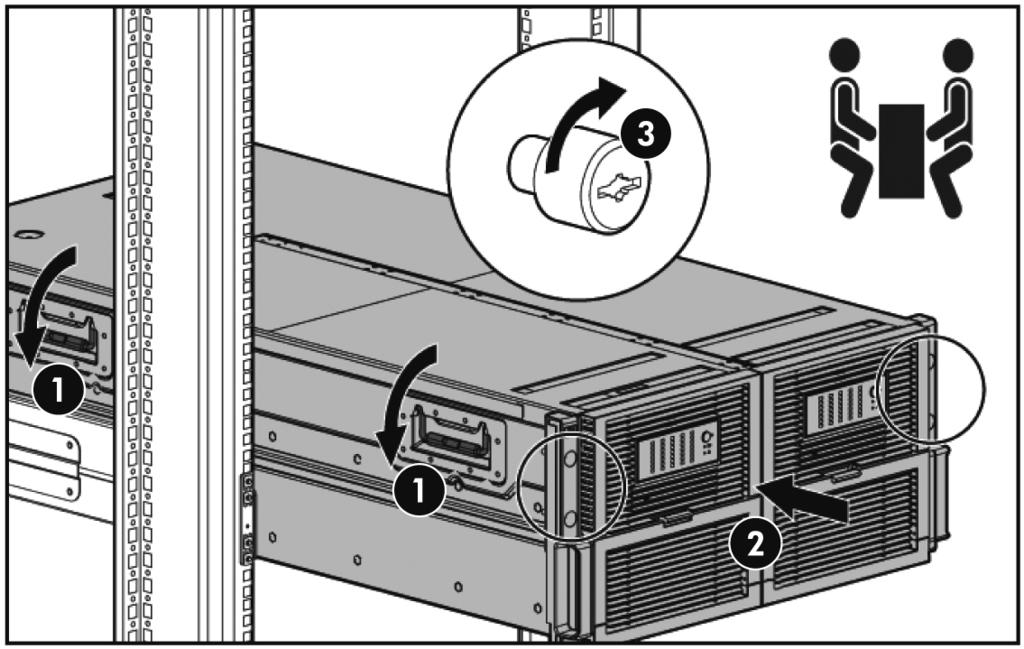 1. Holding the handles (1), lift the disk enclosure onto the rack and push it into position (2). Tighten the thumbscrews (3) to secure the unit to the rack. WARNING!