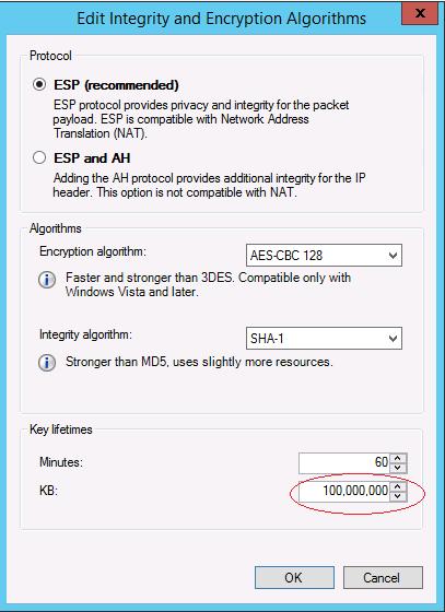 9. Under Key lifetimes set the value of KB to 100,000,000 and click OK. 10. Click OK three times to close the Properties boxes and return to the main Windows Firewall with Advanced Security window.