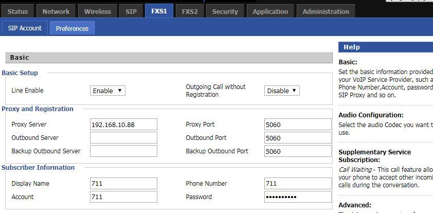 Chapter 3 Web Interface FXS1 SIP Account Basic Set the basic information provided by your VOIP Service Provider, such as Phone Number, Account, password, SIP Proxy and others.