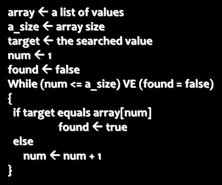 Sequential search array a list of values a_size array size target the searched value num 1 found