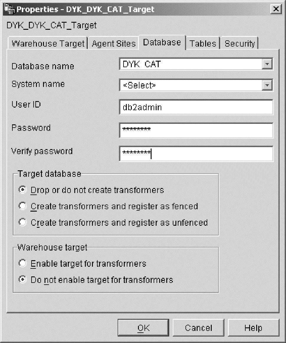 See Configuring ODBC Data Sources on page 88 for details.) and click OK, as shown in Figure 48. Figure 48. Enter the DB2 user ID and password (twice) for this warehouse target. d. Repeat the aboe steps for the DYK_DYK_DM_Target entry under the Warehouse Targets folder.