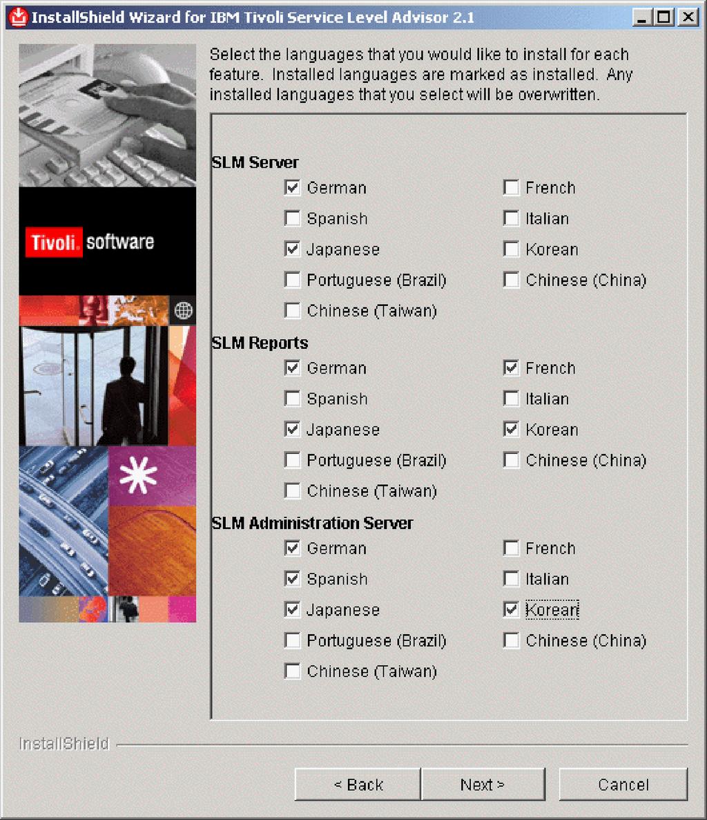 Figure 50. Select the languages that you want to install for each option. 6. A summary window is displayed for you to confirm your language selections. Click Next to continue. 7.