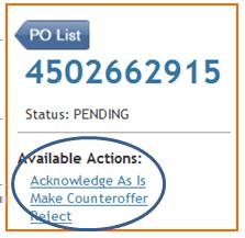 You can: View the Details of the Purchase Order View existing Header Notes, including Terms & Conditions View existing Line Item Notes, including Quality Clauses Print Purchase Order View Enter the