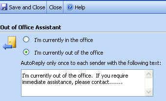 1 Locate the "Out of Office..." section (fig.2). Click on the radio-button "I'm currently out of the office". Start typing your message on the "AutoReply only... " box, then click Save and Close.