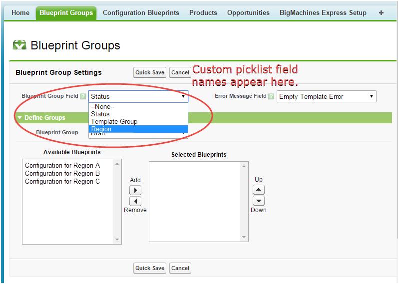 2. Select the picklist field created in Part 1 from the Blueprint Group
