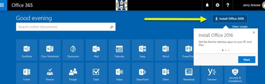 com/ Login in using your school networkid@holycrosstigers.com (example: cmbrown@holycrosstigers.com. Once you login select Install Office 2016 as shown below.
