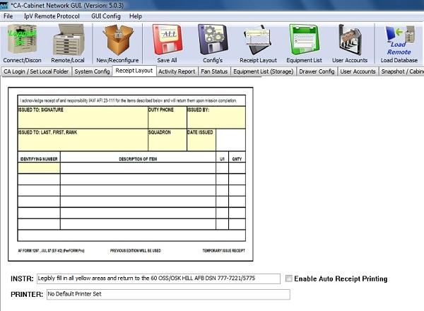 Receipt Layout Tab The GUI provides a system to keep a physical activity log of your cabinets by printing out receipts.