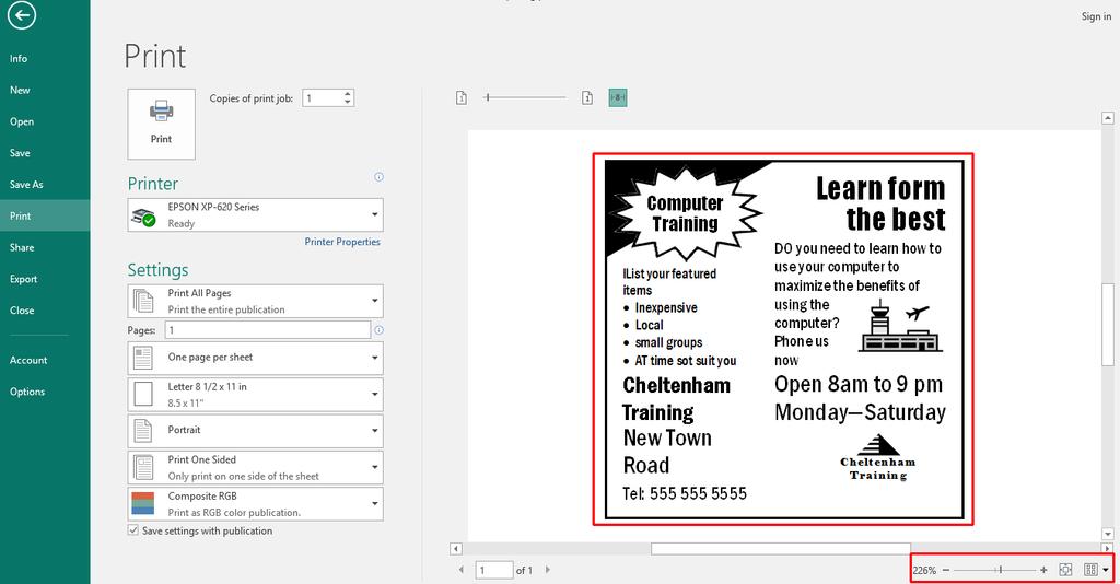 Microsoft Publisher 2016 Foundation - Page 123 A preview of the publication is displayed on the right of the window.
