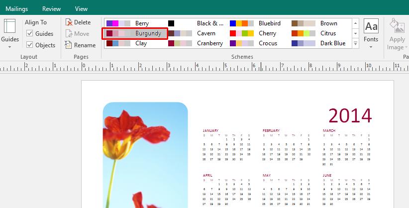 Microsoft Publisher 2016 Foundation - Page 19 For this example, click on the Burgundy colour scheme. This will apply the Burgundy colour scheme to your calendar publication.