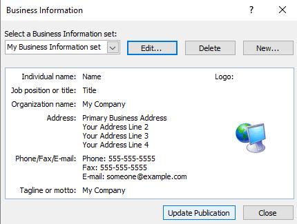 Click on the Update Publication button in the Business Information dialog box to