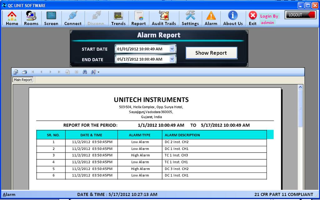 Alarm report generation using data from database: Select start-date and