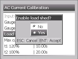 The Load shed current has two timers the first one of which to expire will activate the Load shed relay output.