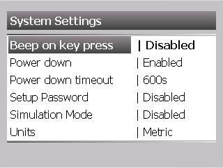 System Choose Main Menu > Setup > System to access System Settings Beep on Key Press Selecting disabled will stop the meter from beeping on every key press.