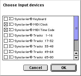 The receiving Macintosh application also must be set up to receive MIDI Clock or MIDI Timecode data from the Synclavier MIDI Clock or MIDI Timecode virtual port.