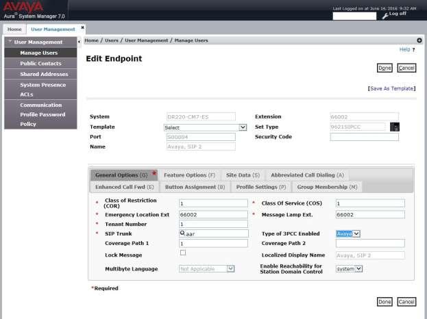 The Edit Endpoint screen is displayed next. For Type of 3PCC Enabled, select Avaya from the drop-down list as shown below.