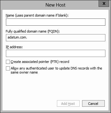 102 Installing and Configuring Windows Server 2012 Figure 12-4 The New Host dialog box 2. In the Name text box, type the host name of the Internet web server you specified in your namespace design. 3.