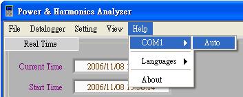 Software Operation Click Help -> COM1 -> Auto to change the serial port connected to Analyzer. Remark: 1.