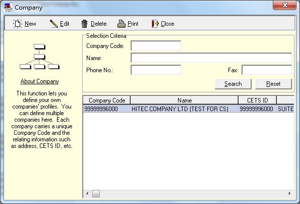 2.5 PROFILE SETUP 2.5.1 COMPANY PROFILE SETUP Company profile can be added, edited and deleted by clicking the menubar Setup>Company. It lists out all predefined company profile.