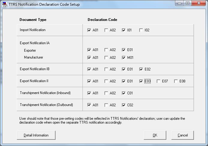 10.9 DECLARATION CODE SETUP FUNCTION User can setup the declaration code by clicking File menubar Setup>TTRS>Declaration Code Setup.