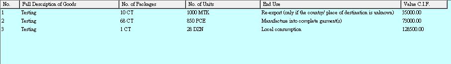 Total No. of Goods Items & Total Value C.I.F. All goods items inserted are listed under the tab pages. The Total No. of Goods Items and Total Value of C.I.F. are automatically calculated and displayed at the bottom by system.
