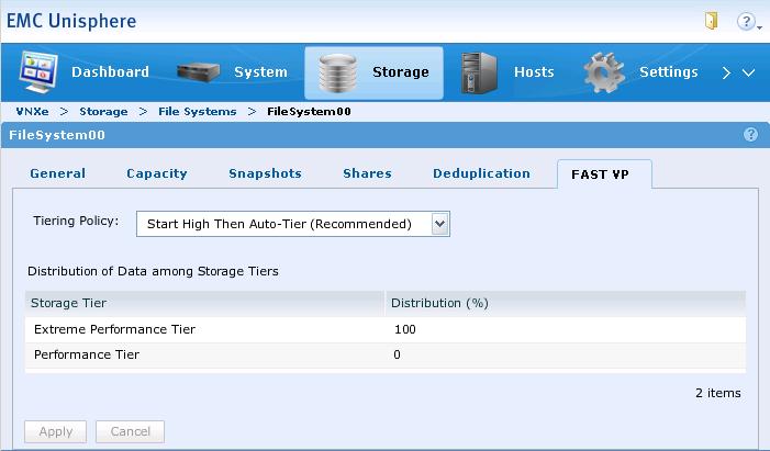 Figure 8. File system FAST VP page You can select a tiering policy for the file system from the Tiering Policy drop down box.