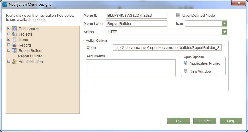 Report Builder A new node item is added to the menu below Report Builder. The Menu ID field is automatically populated. 8.