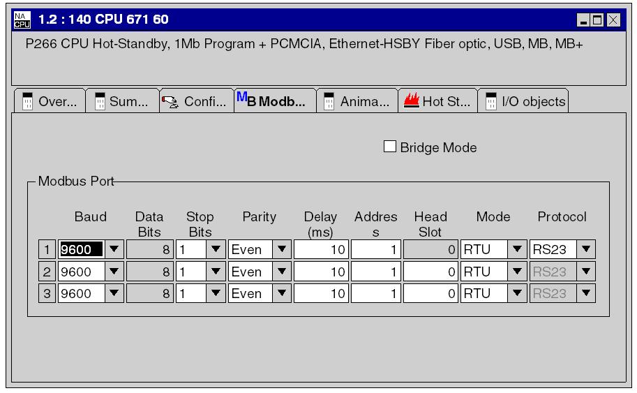 Configuring a Modicon Quantum Hot Standby with Unity System Using the Modbus Port Tab Viewing You may change Modbus communication options using the Modbus Port tab of the Unity Pro