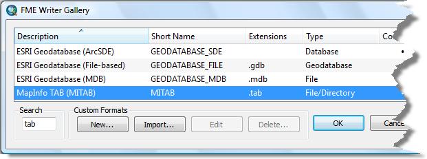 Click the row listing MapInfo TAB (MITAB) and click OK. The FME Writer Gallery dialog box closes. Specifying the data destination 1.