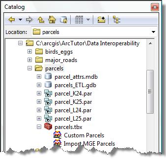 Copy and rename the spatial ETL tool 1. Right-click the Import MGE Parcel tool and click Copy on the shortcut menu. 2. Right-click the Parcels toolbox and click Paste on the shortcut menu. 3.