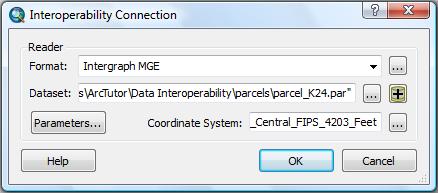 1. Click the Parameters button. The Intergraph MGE Parameters dialog box opens. 2. Click the Database Type arrow and choose MDB. 3. Click the Access MDB File browse button. 4.