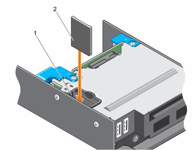 Figure 23. Installing the SD vflash card 1 SD vflash slot 2 SD vflash card Next steps Follow the procedure listed in the After working inside your system section.