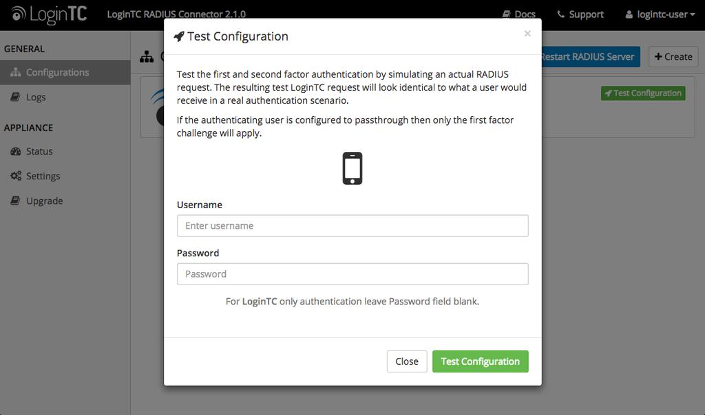 Click Test Configuration: Enter a valid username and password; if there is no password leave it blank.