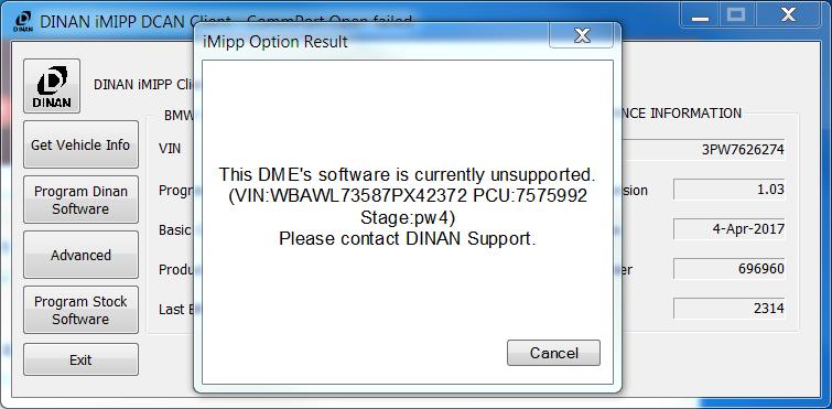 19. The following message will appear after clicking "Get Vehicle Info" if the vehicle's PCU is currently unsupported: "This DME's software is currently unsupported. Please contact DINAN Support.