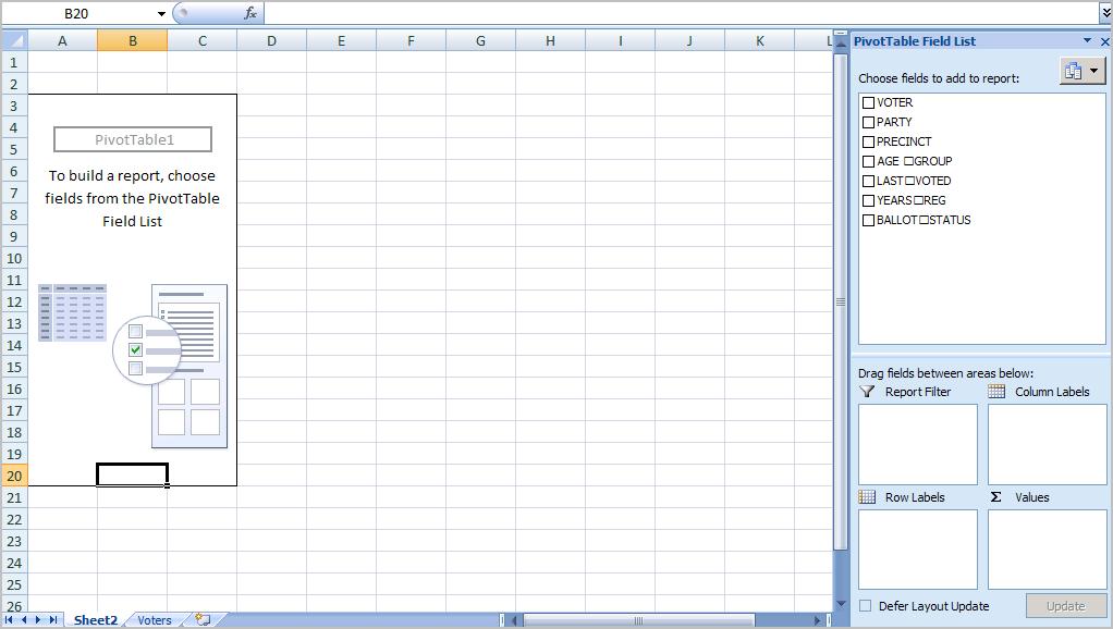 You ll see that the fields from our source spreadsheet were carried over to the PivotTable Field List. 11.