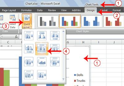 Excel creates a Clustered Column chart and the Chart Tools context tabs appear. Apply a Chart Layout Context tabs are tabs that only appear when you need them.
