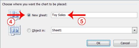 4. Click the New Sheet radio button. 5. Type Toy Sales to name the chart sheet. Excel creates a chart sheet named Toy Sales and places your chart on it. 3.