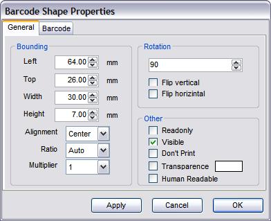 3.4.8 Barcode Shape properties The barcode shape properties dialogue box contains 2 tab, general tab and barcode tab.