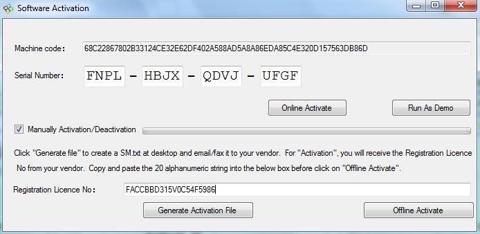 Offline Deactivation Key in serial number, then tick the Manually Activation/Deactivation check box, click Generate Deactivation File. 1.