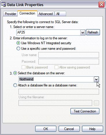 Select the right login authentication and database on the server.